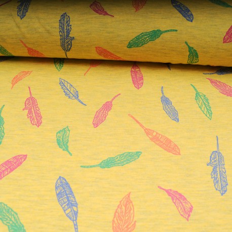 Tissu jersey jaune au mètre motif feuille en 150cm n°10595