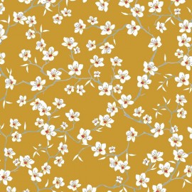 Tissu Coton cretonne imprimé Fleur d'Amandier moutarde en 150cm