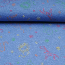 Tissu jersey bleu OEKOTEX au mètre motif animaux safari en 145cm n°10603