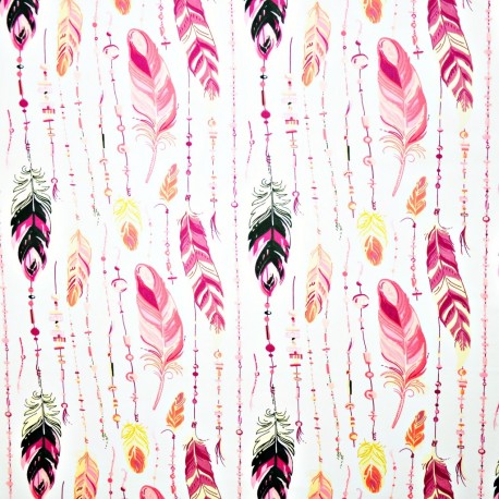 Coton OEKO TEX guirlande de plumes roses fond blanc en 160cm