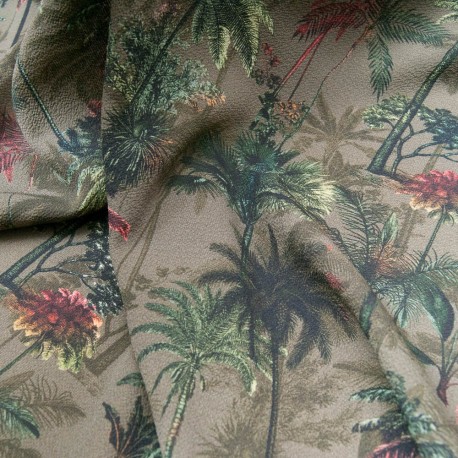 Au mètre crêpe polyester fond kaki imprimé palmiers en 150cm n°10842