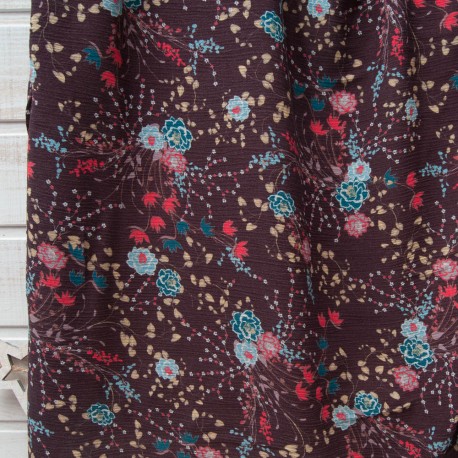 Au mètre Crêpe Viscose effet plissé fond prune motif floral en 150cm n°10870