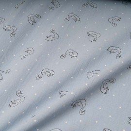 Au mètre coton lavé motif cygne avec pois blancs fond Dusty BLUE Oekotex en 135cm n°10905