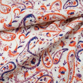 Tissu viscose fond écru texturé motif petit cachemire orange violet en 140cm n°10947