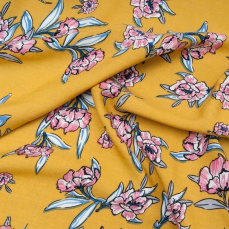 Tissu viscose Coton fond moutarde fleur rose en 150cm n°10948