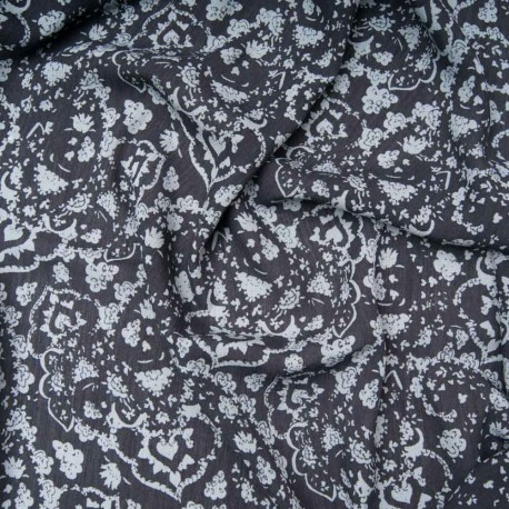 Tissu Crêpe Viscose Fond gris foncé, motif gris bleuté en 155cm n°10954