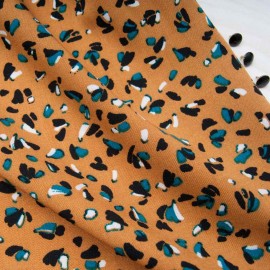 Tissu twill viscose fond safran à mini motif bleu canard et noir en 145cm n°11002