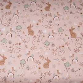 Tissu Coton popeline fond ROSE Poudré imprimé petit lapin en 150cm